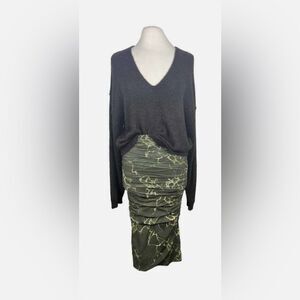 Zara Deep Green Marble Print Mesh Ruched Midi Skirt Size Small